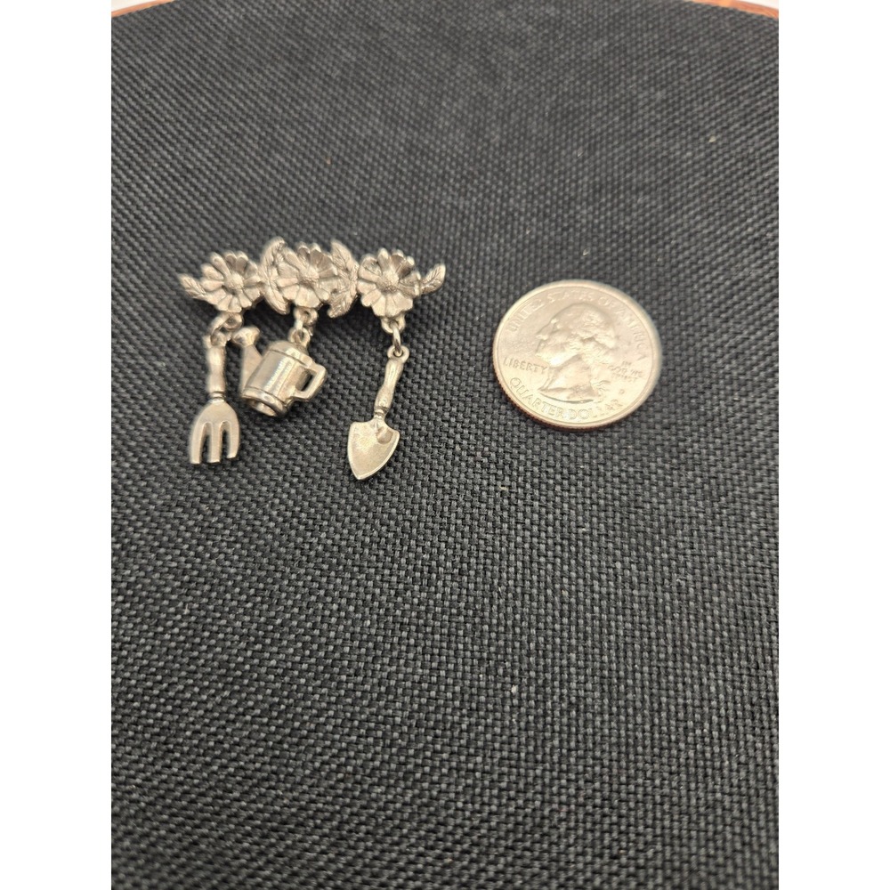 Vintage Silver Tone Garden Theme Brooch Sunflower Watering Can Shovel Fork Pin
